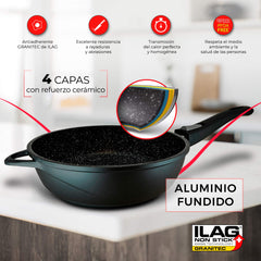 Juego 2 Sartenes Granitec Inducción Antiadherentes Ø 24-28 + 2 Mangos Extraíbles + Tapas