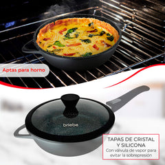 Juego 2 Sartenes Granitec Inducción Antiadherentes Ø 24-28 + 2 Mangos Extraíbles + Tapas