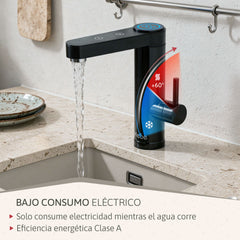 Grifo Eléctrico de Mesa para Cocina / Baño Agua Caliente al Instante Indicador y Selector Temperatura Acero Inox Negro Bajo Consumo