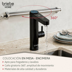Grifo Eléctrico de Mesa para Cocina / Baño Agua Caliente al Instante Indicador y Selector Temperatura Acero Inox Negro Bajo Consumo
