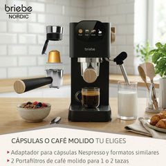 Set Nordic Cafetera Espresso 20 Bares Cápsulas y Café Molido + Hervidor Agua Eléctrico 17L Inalámbrico 2200W + Tostadora Ranura Ancha 2 Rebanadas Negro