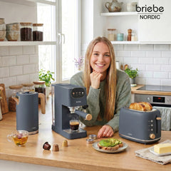 Set Nordic Cafetera Espresso 20 Bares Cápsulas y Café Molido + Hervidor Agua Eléctrico 17L Inalámbrico 2200W + Tostadora Ranura Ancha 2 Rebanadas Gris