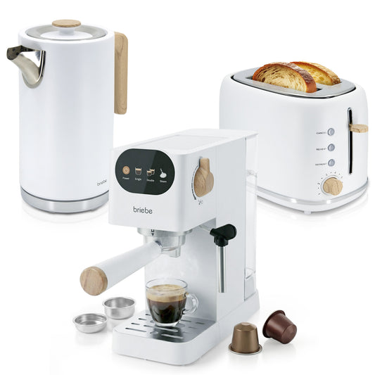 Set Nordic Cafetera Espresso 20 Bares Cápsulas y Café Molido + Hervidor Agua Eléctrico 17L Inalámbrico 2200W + Tostadora Ranura Ancha 2 Rebanadas Blanco