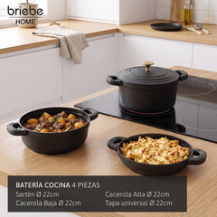 Batería Cocina Inducción Totem Apilable 4 Piezas Ø 22cm Antiadherente Cerámico Negro