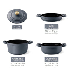 Batería Cocina Inducción Totem Apilable 4 Piezas Ø 22cm Antiadherente Cerámico Gris