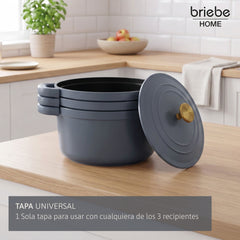 Batería Cocina Inducción Totem Apilable 4 Piezas Ø 22cm Antiadherente Cerámico Gris