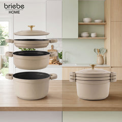 Batería Cocina Inducción Totem Apilable 4 Piezas Ø 22cm Antiadherente Cerámico Crema