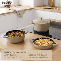 Batería Cocina Inducción Totem Apilable 4 Piezas Ø 22cm Antiadherente Cerámico Crema