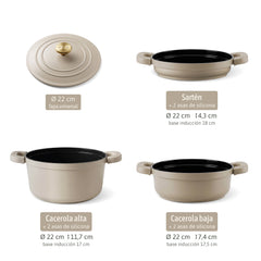 Batería Cocina Inducción Totem Apilable 4 Piezas Ø 22cm Antiadherente Cerámico Crema