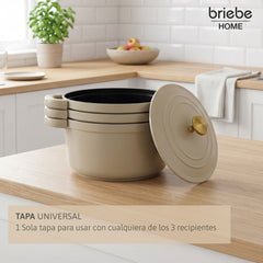 Batería Cocina Inducción Totem Apilable 4 Piezas Ø 22cm Antiadherente Cerámico Crema