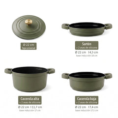 Batería Cocina Inducción Totem Apilable 4 Piezas Ø 22cm Antiadherente Cerámico Verde