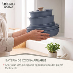Batería Cocina Nordic Nest Inducción Cerámica Mango Extraíble Apilable 13 Piezas Gris