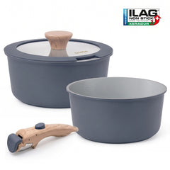 Batería Cocina Nordic Nest Inducción Cerámica Mango Extraíble Apilable 13 Piezas Gris