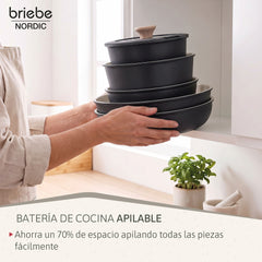 Batería Cocina Nordic Nest Inducción Cerámica Mango Extraíble Apilable 13 Piezas Negro