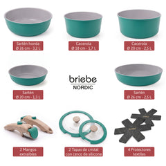 Batería Cocina Nordic Nest Inducción Cerámica Mango Extraíble Apilable 13 Piezas Verde