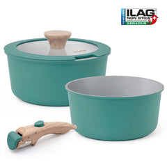 Batería Cocina Nordic Nest Inducción Cerámica Mango Extraíble Apilable 13 Piezas Verde