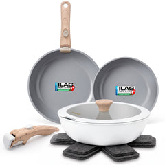 Batería Cocina Nordic Nest Inducción Cerámica Mango Extraíble Apilable 13 Piezas Blanco