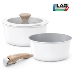 Batería Cocina Nordic Nest Inducción Cerámica Mango Extraíble Apilable 13 Piezas Blanco