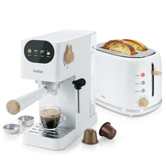 Set Nordic Cafetera Espresso 20 Bares Cápsulas y Café Molido Espumador Leche + Tostadora Ranura Ancha 2 Rebanadas 6 Niveles Tostado Blanco