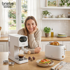 Set Nordic Cafetera Espresso 20 Bares Cápsulas y Café Molido Espumador Leche + Tostadora Ranura Ancha 2 Rebanadas 6 Niveles Tostado Blanco