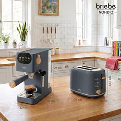 Set Nordic Cafetera Espresso 20 Bares Cápsulas y Café Molido Espumador Leche + Tostadora Ranura Ancha 2 Rebanadas 6 Niveles Tostado Gris