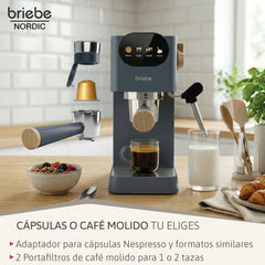 Set Nordic Cafetera Espresso 20 Bares Cápsulas y Café Molido Espumador Leche + Tostadora Ranura Ancha 2 Rebanadas 6 Niveles Tostado Gris