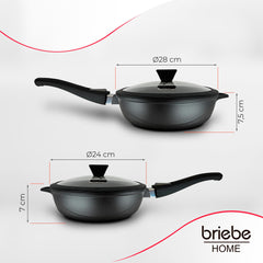 Juego 2 Sartenes Granitec Inducción Antiadherentes Ø 24-28 + 2 Mangos Extraíbles + Tapas