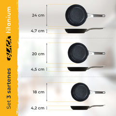 Juego de 3 Sartenes Antiadherentes Inducción Black Titanium Ø 18-20-24 cm