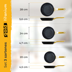 Juego de 3 Sartenes Antiadherentes Induccións Gold Titanium Ø 20-24-28
