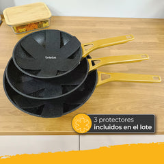 Juego de 3 Sartenes Antiadherentes Induccións Gold Titanium Ø 20-24-28