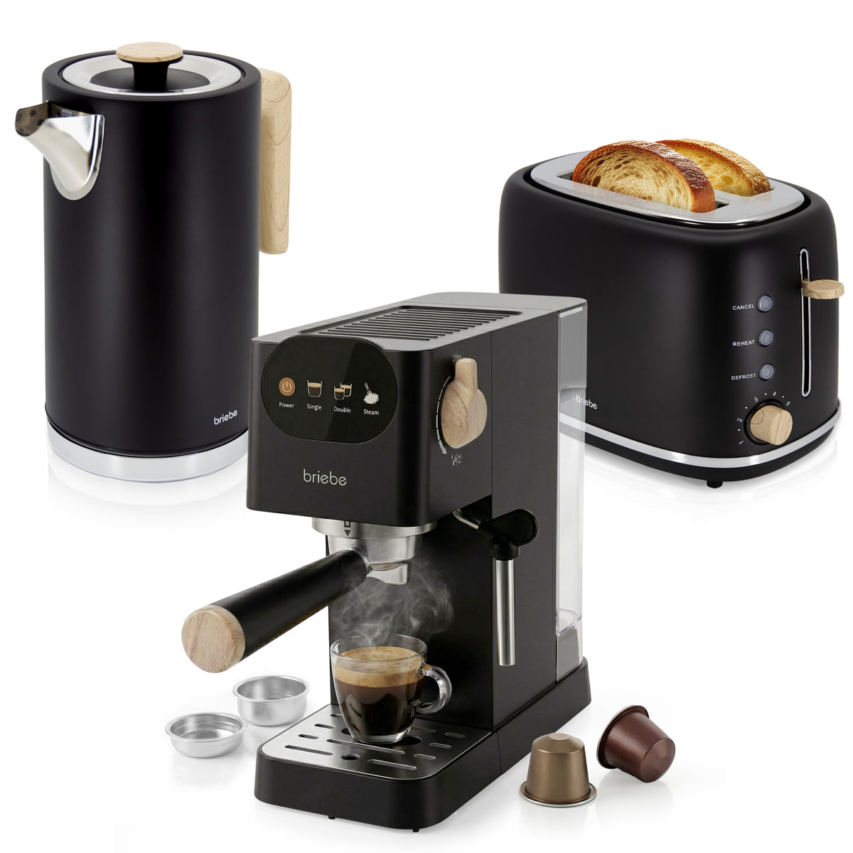 Set Nordic Cafetera Espresso 20 Bares Cápsulas y Café Molido + Hervidor Agua Eléctrico 17L Inalámbrico 2200W + Tostadora Ranura Ancha 2 Rebanadas Negro