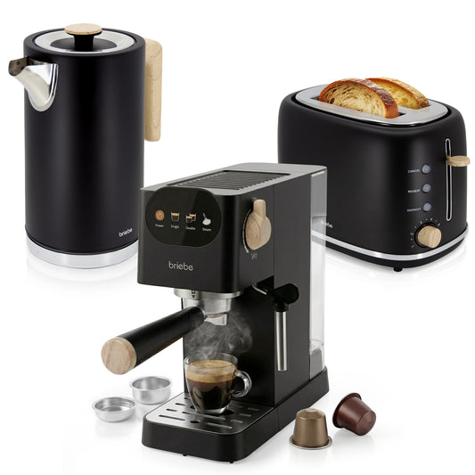 Set Nordic Cafetera Espresso 20 Bares Cápsulas y Café Molido + Hervidor Agua Eléctrico 17L Inalámbrico 2200W + Tostadora Ranura Ancha 2 Rebanadas Negro