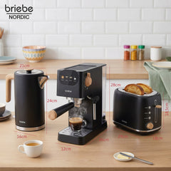Set Nordic Cafetera Espresso 20 Bares Cápsulas y Café Molido + Hervidor Agua Eléctrico 17L Inalámbrico 2200W + Tostadora Ranura Ancha 2 Rebanadas Negro