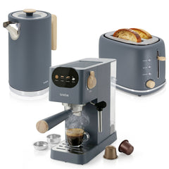 Set Nordic Cafetera Espresso 20 Bares Cápsulas y Café Molido + Hervidor Agua Eléctrico 17L Inalámbrico 2200W + Tostadora Ranura Ancha 2 Rebanadas Gris