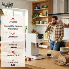Set Nordic Cafetera Espresso 20 Bares Cápsulas y Café Molido + Hervidor Agua Eléctrico 17L Inalámbrico 2200W + Tostadora Ranura Ancha 2 Rebanadas Blanco