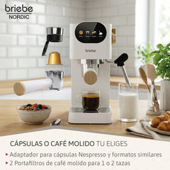 Set Nordic Cafetera Espresso 20 Bares Cápsulas y Café Molido + Hervidor Agua Eléctrico 17L Inalámbrico 2200W + Tostadora Ranura Ancha 2 Rebanadas Blanco