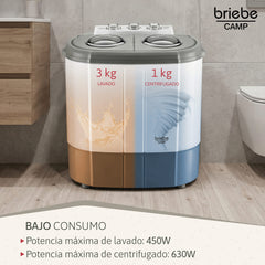 Mini Lavadora briebe Camp Portátil Camping con Centrifugado 3Kg Blanco/Gris