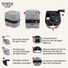 WC briebe Camp Comfort Inodoro Portátil Químico Adultos Potty 24L Camping Camper Gris