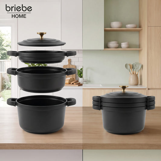 Batería Cocina Inducción Totem Apilable 4 Piezas Ø 22cm Antiadherente Cerámico Negro