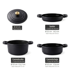 Batería Cocina Inducción Totem Apilable 4 Piezas Ø 22cm Antiadherente Cerámico Negro