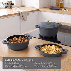 Batería Cocina Inducción Totem Apilable 4 Piezas Ø 22cm Antiadherente Cerámico Gris