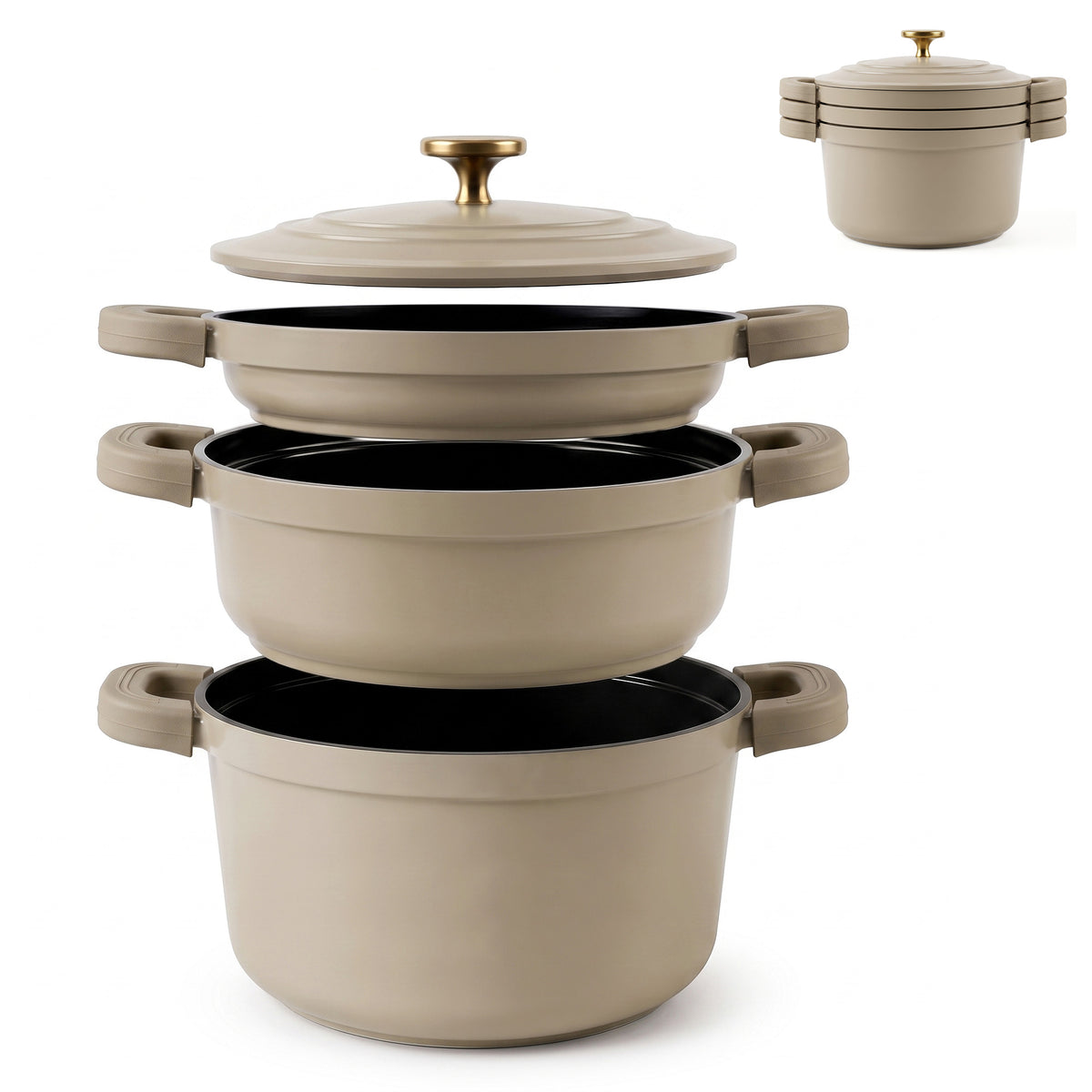 Batería Cocina Inducción Totem Apilable 4 Piezas Ø 22cm Antiadherente Cerámico Crema