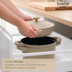 Batería Cocina Inducción Totem Apilable 4 Piezas Ø 22cm Antiadherente Cerámico Crema