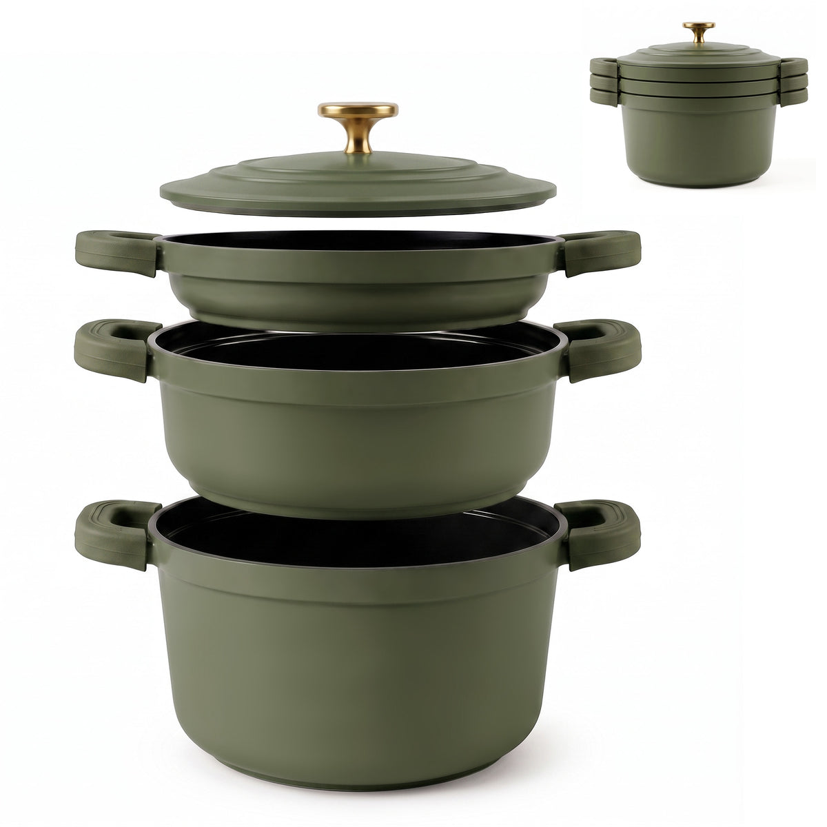 Batería Cocina Inducción Totem Apilable 4 Piezas Ø 22cm Antiadherente Cerámico Verde