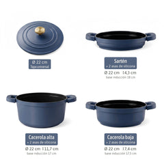 Batería Cocina Inducción Totem Apilable 4 Piezas Ø 22cm Antiadherente Cerámico Azul