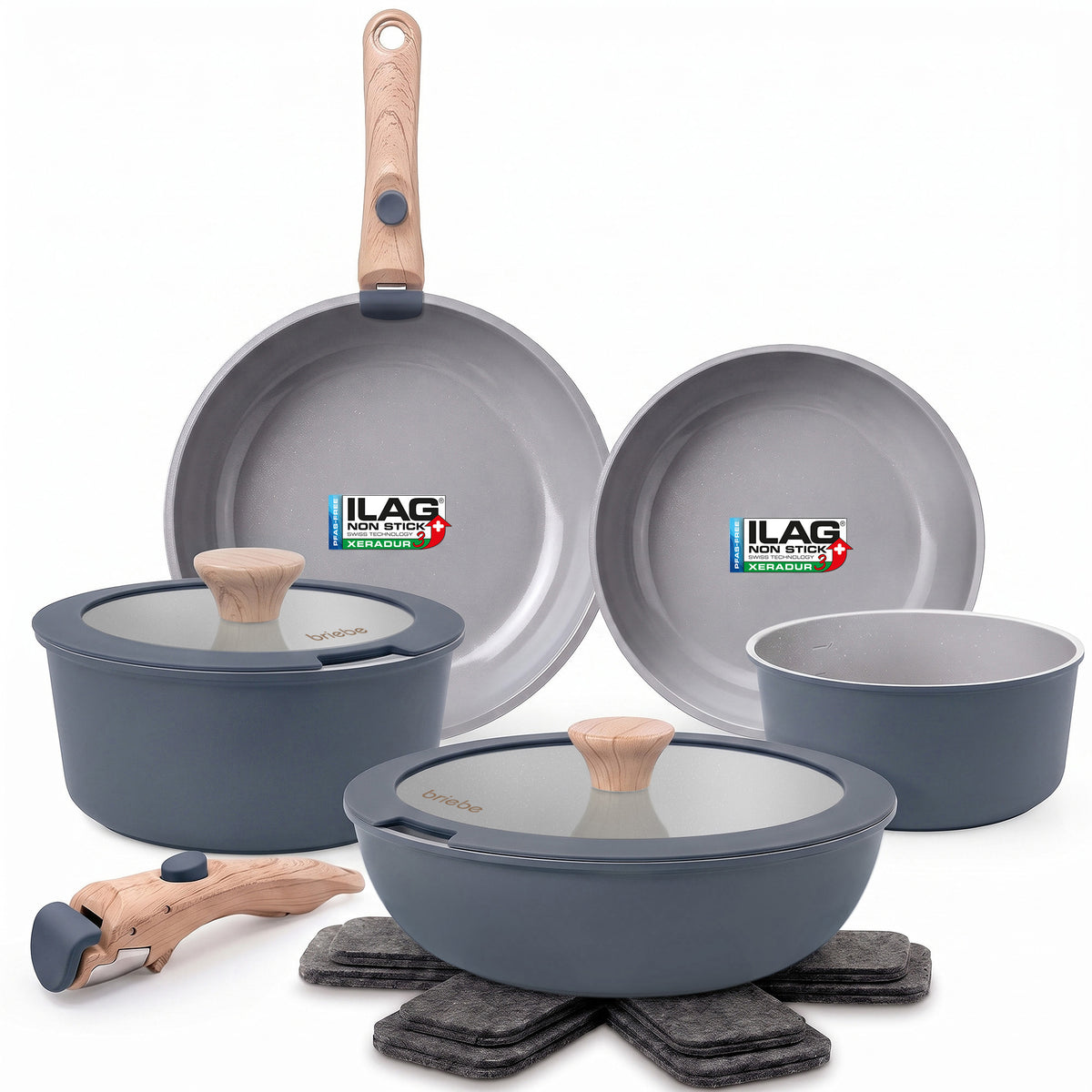 Batería Cocina Nordic Nest Inducción Cerámica Mango Extraíble Apilable 13 Piezas Gris