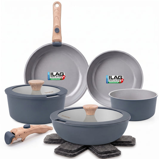 Batería Cocina Nordic Nest Inducción Cerámica Mango Extraíble Apilable 13 Piezas Gris