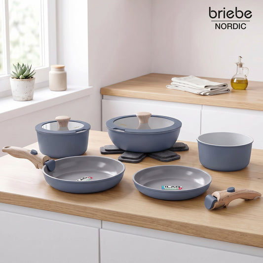 Batería Cocina Nordic Nest Inducción Cerámica Mango Extraíble Apilable 13 Piezas Gris