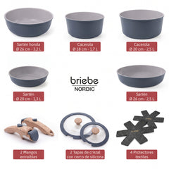 Batería Cocina Nordic Nest Inducción Cerámica Mango Extraíble Apilable 13 Piezas Gris