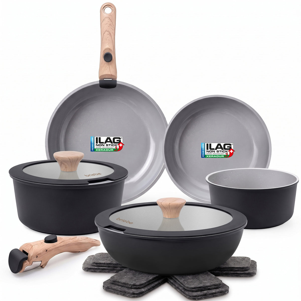 Batería Cocina Nordic Nest Inducción Cerámica Mango Extraíble Apilable 13 Piezas Negro